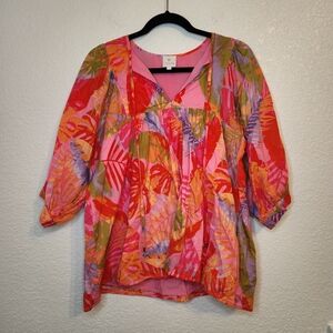 J.Marie Size S Eden 3/4 Puff Sleeve Split V-Neck Tie Coordinating Blouse JM3487